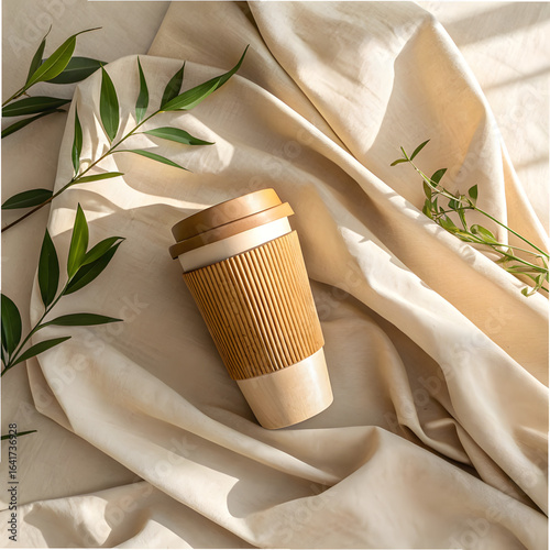 Minimalist flat lay of a reusable bamboo coffee cup placed on beige linen fabric.