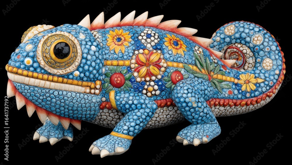 Obraz premium Detailed mosaic chameleon figurine. Vibrant blue, decorated with colorful flowers, and studded with small, decorative elements