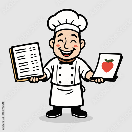 Culinary show participant with confident mood presenting menu and food photographs