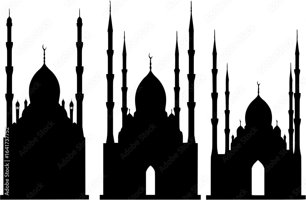 Fototapeta premium Mosque silhouette. Three mosque silhouettes on a white background. 