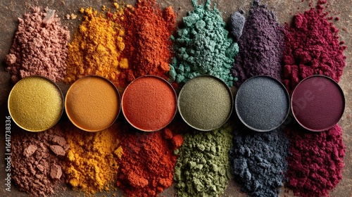 Colorful spice powders in small round containers, arranged in a rainbow pattern over a textured surface
