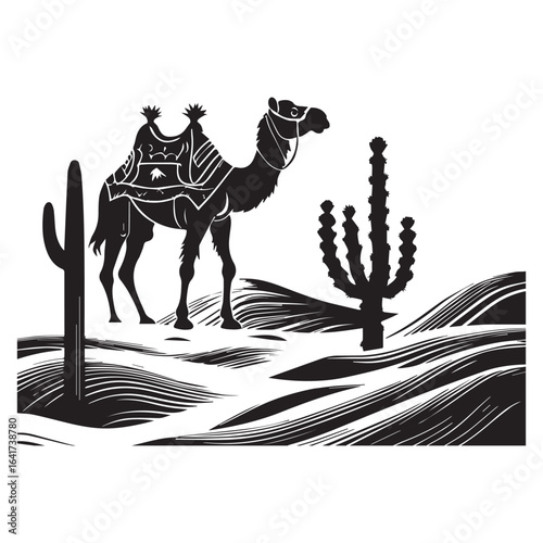 Vector art of silhouette of a camel with saddle in a desert landscape with saguaro cactus and sand dunes, black and white illustration