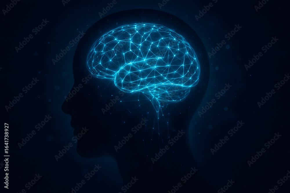 Obraz premium Glowing Blue Human Brain Network on Dark Background