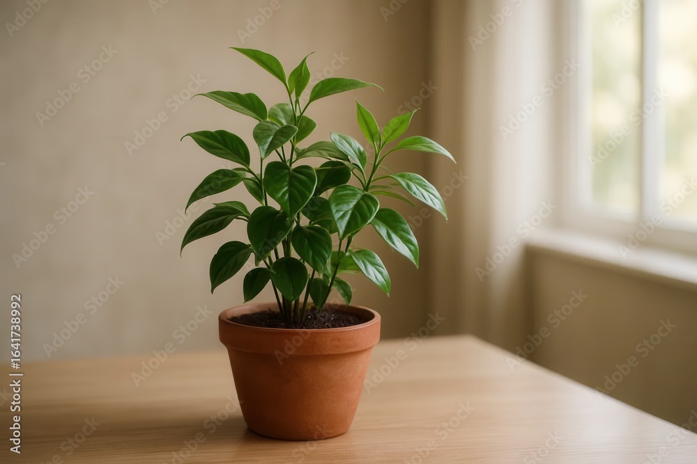 Fototapeta premium A lush green plant thrives in a terracotta pot on a wooden table, basking in soft natural light filtering through the window