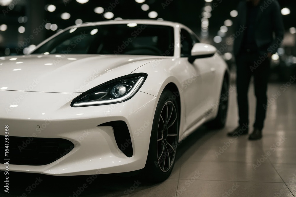Fototapeta premium A pristine white sports car gleams under the showroom lights, its sleek design reflecting the ambient glow of the space
