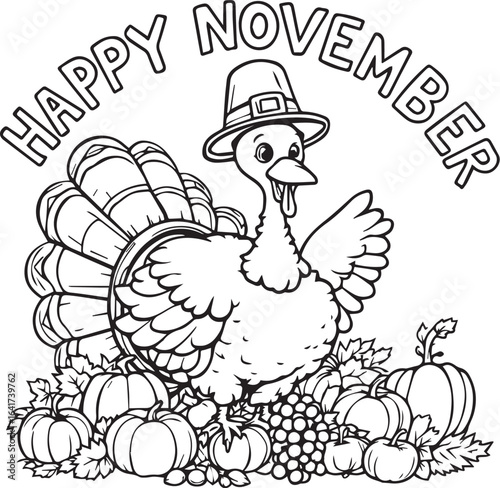 Cute happy turkey wearing a pilgrim hat surrounded by pumpkins and a banner.