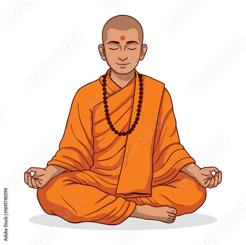 Meditating Hindu Monk in Orange Robe Vector.
