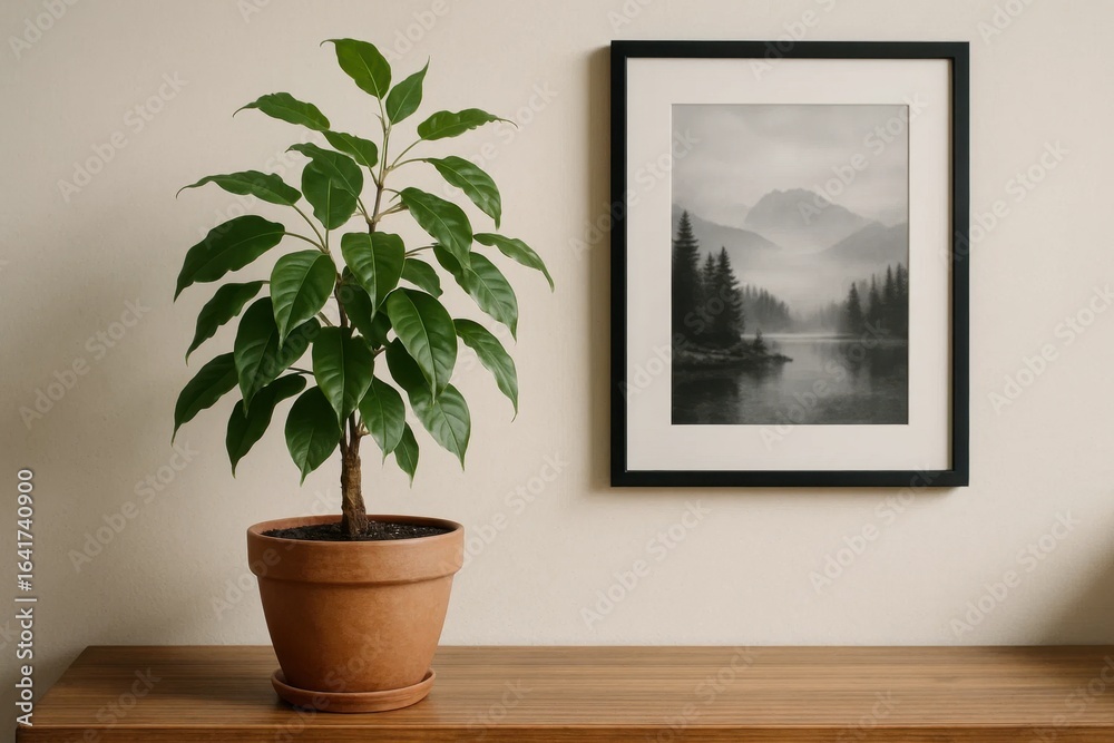 Fototapeta premium A serene potted plant graces a wooden table beside a monochrome landscape painting