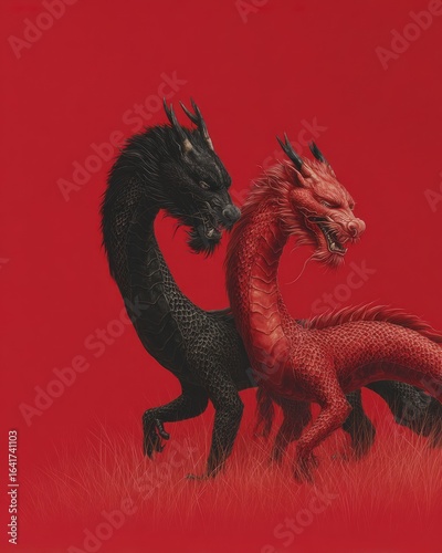 Red and black eastern dragons, intertwined stance in grass, engraving 