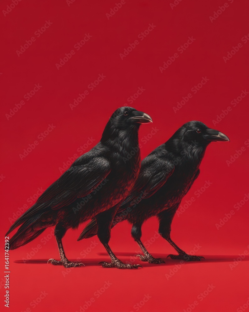 Obraz premium Red and black ravens, walking in step side on, engraving style, scarle
