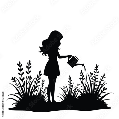 Silhouette of a girl watering plants in a garden woman