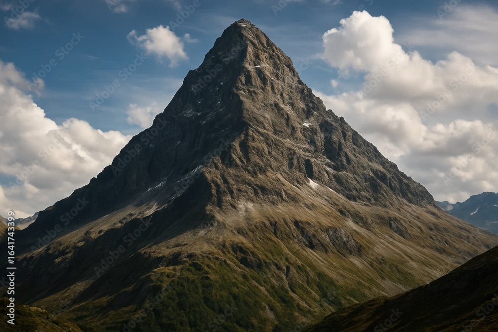 Fototapeta premium A solitary mountain peak stands tall against a backdrop of dramatic clouds, embodying the raw beauty and majesty of nature