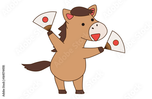馬があっぱれと扇子を両手に持つベクターイラスト