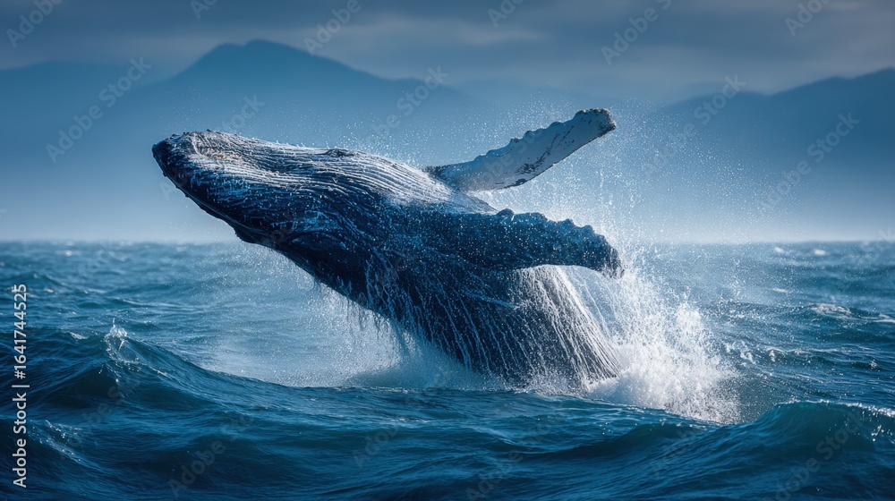 Fototapeta premium Majestic Humpback Whale Breaching in Open Ocean Waters: A Display of Marine Power and Beauty