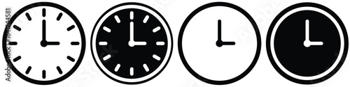 Black clock icon collection with analog faces and clockwise arrows. Flat vector design for time and punctuality themes.