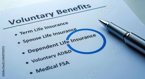 Voluntary Benefits Form with Pen Highlighting Spouse Life Insurance Option for Employee Enrollment