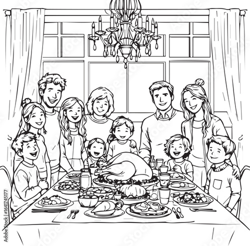  Happy family gathered around a table for a festive Thanksgiving or Christmas dinner.
