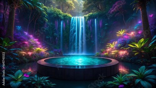 Tranquil Waterfall Oasis with Lush Tropical Forest and Illuminated Flora a Serene Retreat for Relaxation and Rejuvenation