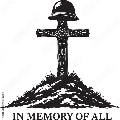 Honoring all fallen heroes with a decorated cross and helmet on a grassy grave.

