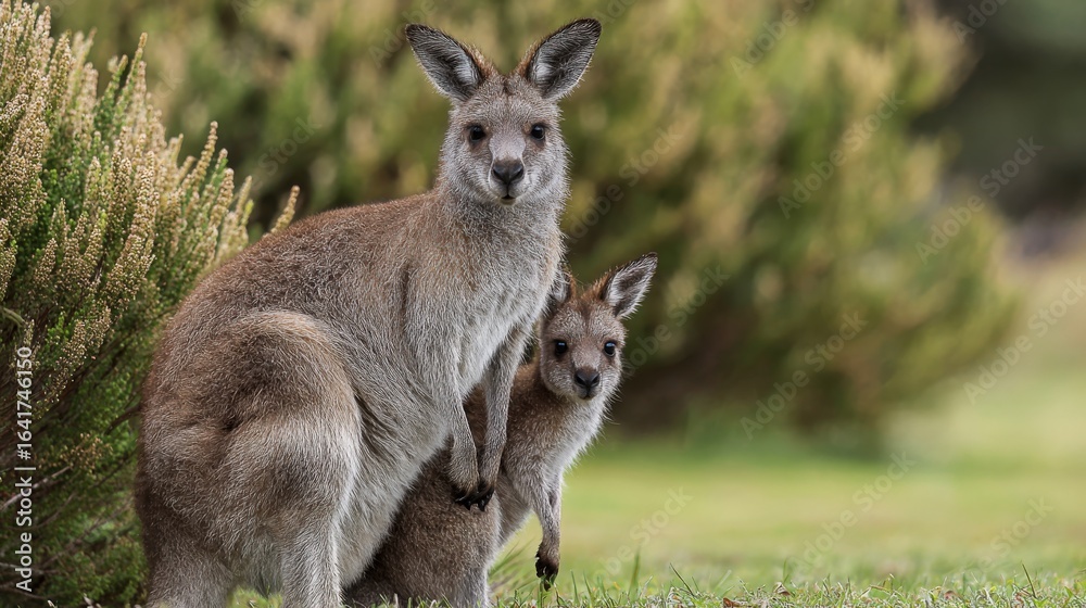 Fototapeta premium Kangaroo Mother with Joey in Pouch, Wildlife Portrait in Natural Australian Habitat