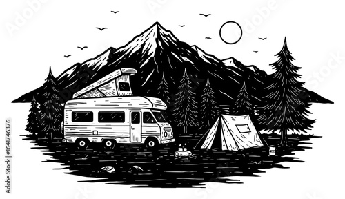 Mountain Camping Scene with Camper Van Tent Sunrise Sunset Black and White Outline Line Art Drawing