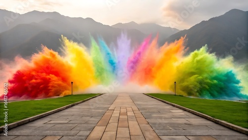 Vibrant Rainbow Smoke Explosion over Path in Majestic Mountain Landscape Spectacular Display of Color and Motion Creating an Unforgettable Visual Experience