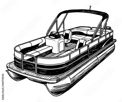 Classic Style Pontoon Boat Black and White Outline Line Art Drawing View from Above Isolated Object