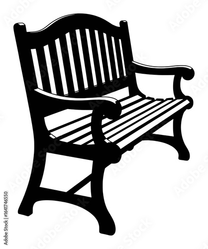 Black park bench with curved back and slatted seat outdoor seating
