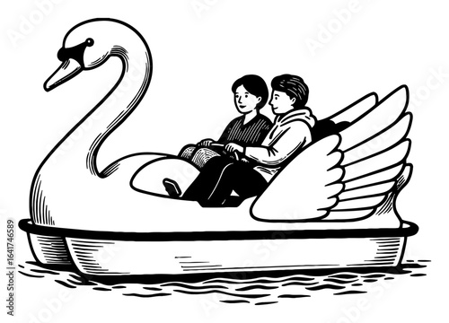 Happy Couple Enjoying Ride on Swan Pedal Boat Black and White Outline Line Art Drawing Isolated Object