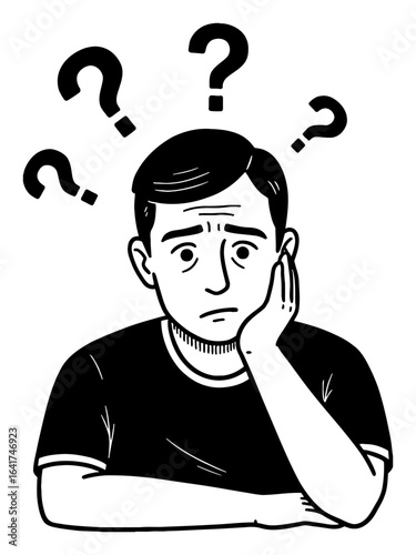 Expressive Man Thinking Deeply with Multiple Question Marks Black and White Outline Line Art Drawing