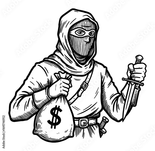 Dangerous Masked Thief Robber Holding Stolen Money Bag and Sharp Dagger Black and White Outline Line Art Drawing