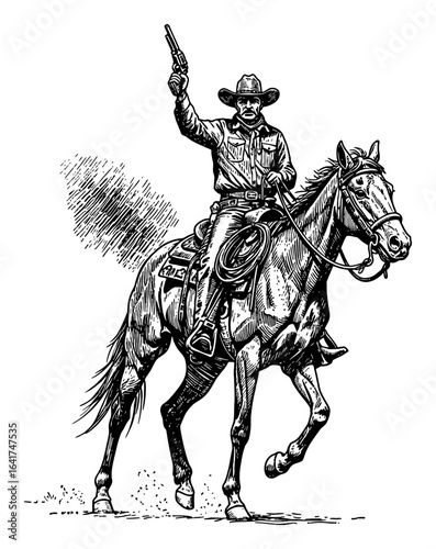 Strong Cowboy Riding Horse While Holding Gun Up Black and White Outline Line Art Drawing Engraving Style
