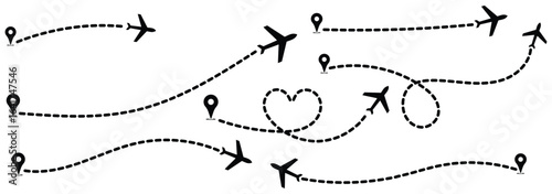 Airplane routes set.Plane route line.Planes dotted flight pathway.Plane paths. Aircraft tracking, planes, travel map pins location pins. Romantic travel, heart dashed line trace and plane routes eps10