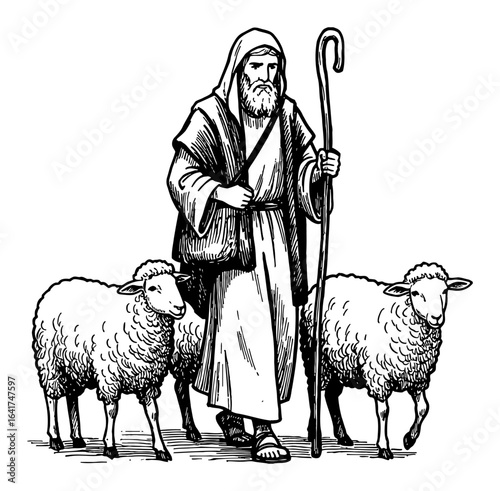 Shepherd Herding Sheep with Staff Black and White Outline Line Art Drawing Coloring Book Style Illustration