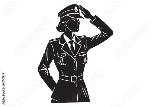 Silhouette of Female Soldier Saluting Vector Illustration on White Background.