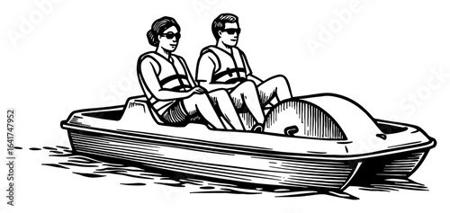 Couple Enjoying a Ride on a Pedal Boat with Life Vests and Sunglasses Black and White Outline Line Art Drawing