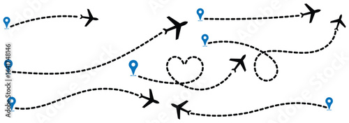 Airplane routes set.Plane route line.Planes dotted flight pathway.Plane paths. Aircraft tracking, planes, travel map pins location pins. Romantic travel, heart dashed line trace and plane routes eps10