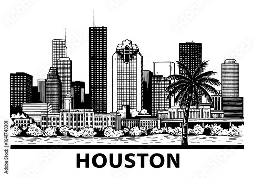 Houston City Skyline with Palm Tree and Houston Text Black and White Outline Line Art Drawing