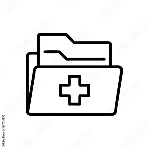 Minimalist black outline vector icon of a computer file folder with a medical cross symbol, representing digital health records, medical files, and patient data, isolated on a transparent background