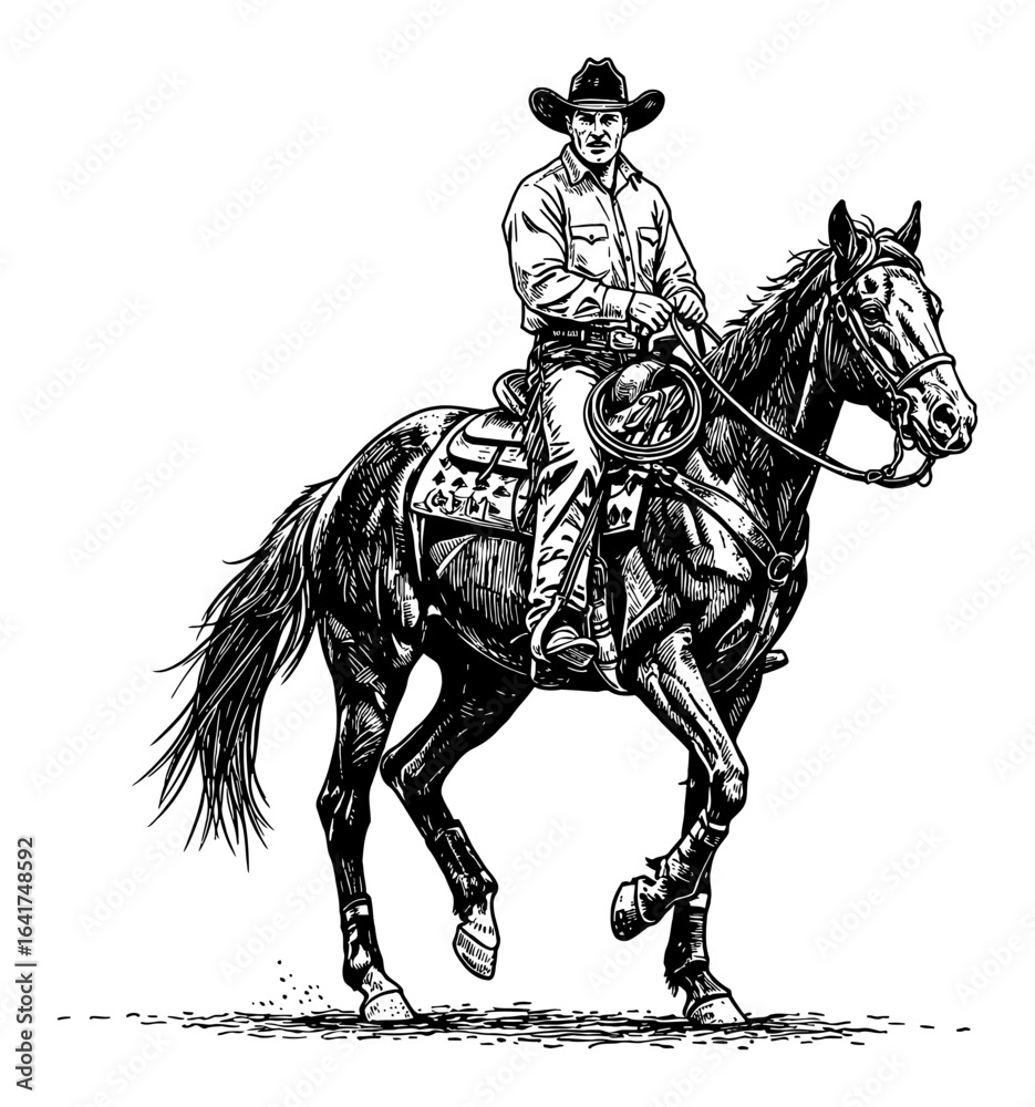 Obraz premium Detailed Cowboy Riding Horse in Vintage Black and White Outline Line Art Drawing Western Style