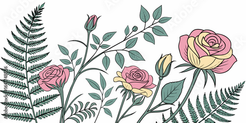 Vibrant floral seamless pattern with pink tulips, roses, and leaves, a beautiful spring nature vector illustration perfect for vintage design or summer wallpaper decoration