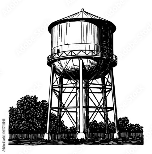 Classic Water Tower Structure Black and White Outline Line Art Drawing Vintage Engraving Style Isolated Object