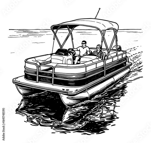 Classic Style Pontoon Boat Cruising on Water with People Black and White Outline Line Art Drawing
