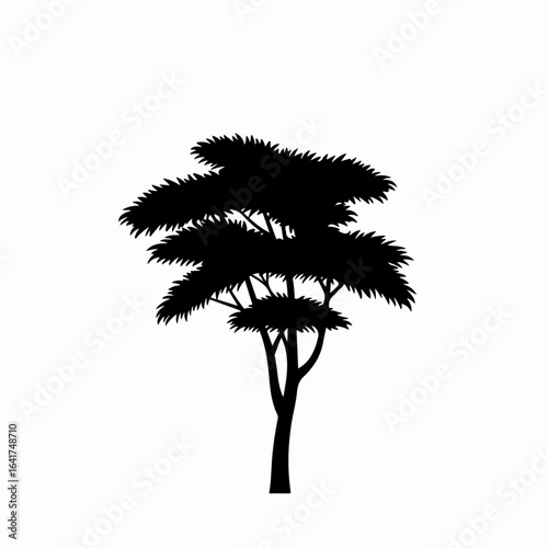 Black silhouette of a leafy tree on a white background, ideal for graphic design elements, minimalist nature illustrations, and simple ecological concepts.