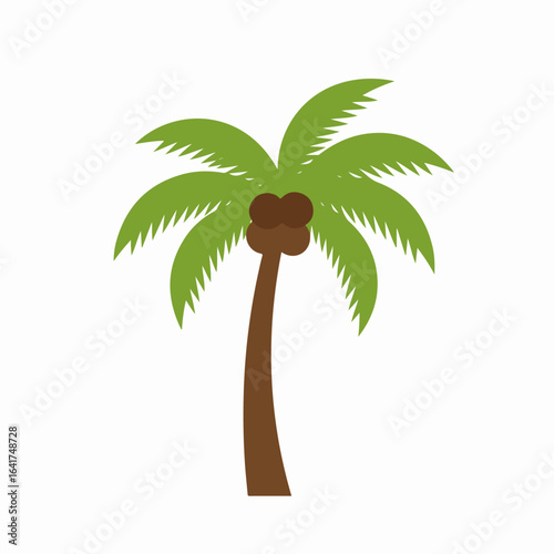 Simple flat design illustration of a vibrant green palm tree with brown coconuts, perfect for tropical themes.
