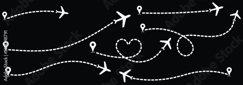 Airplane routes set.Plane route line.Planes dotted flight pathway.Plane paths. Aircraft tracking, planes, travel map pins location pins. Romantic travel, heart dashed line trace and plane routes eps10