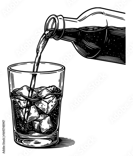 Refreshing Drink Being Poured from Bottle into Glass with Ice Cubes Black and White Outline Line Art Drawing