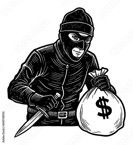 Masked Burglar Holding Money Bag and Dagger Threatening Criminal Black and White Outline Line Art Drawing