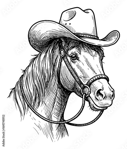 Happy Horse Portrait with Cowboy Hat Black and White Outline Line Art Drawing Detailed Vintage Style Illustration