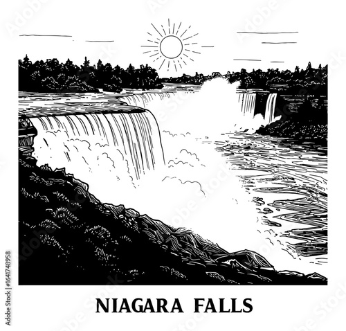Iconic Niagara Falls River and Sun with Text Below Black and White Outline Line Art Drawing